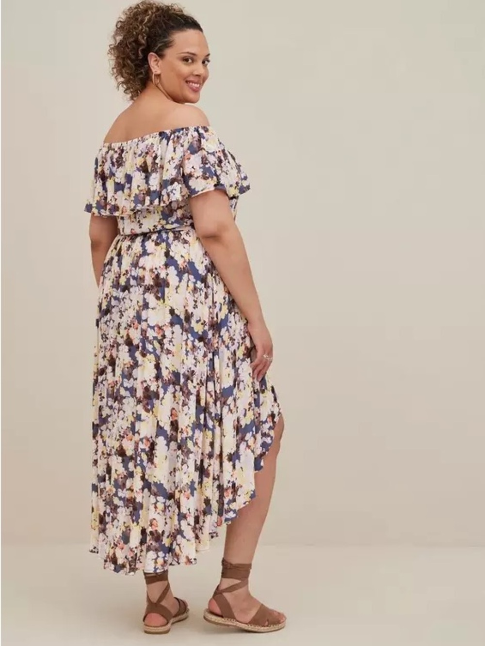 Torrid Floral Off-Shoulder High-Low Romper Dress in Floral Multi-Color - Picture 2 of 7